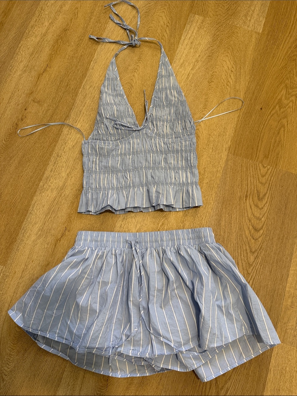 Light Blue Striped Women’s Skirt Set - Two-Piece Summer Outfit